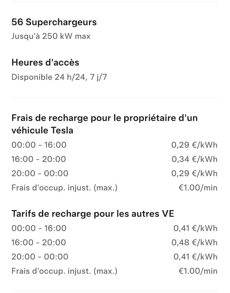 Tarifs de recharge Tesla